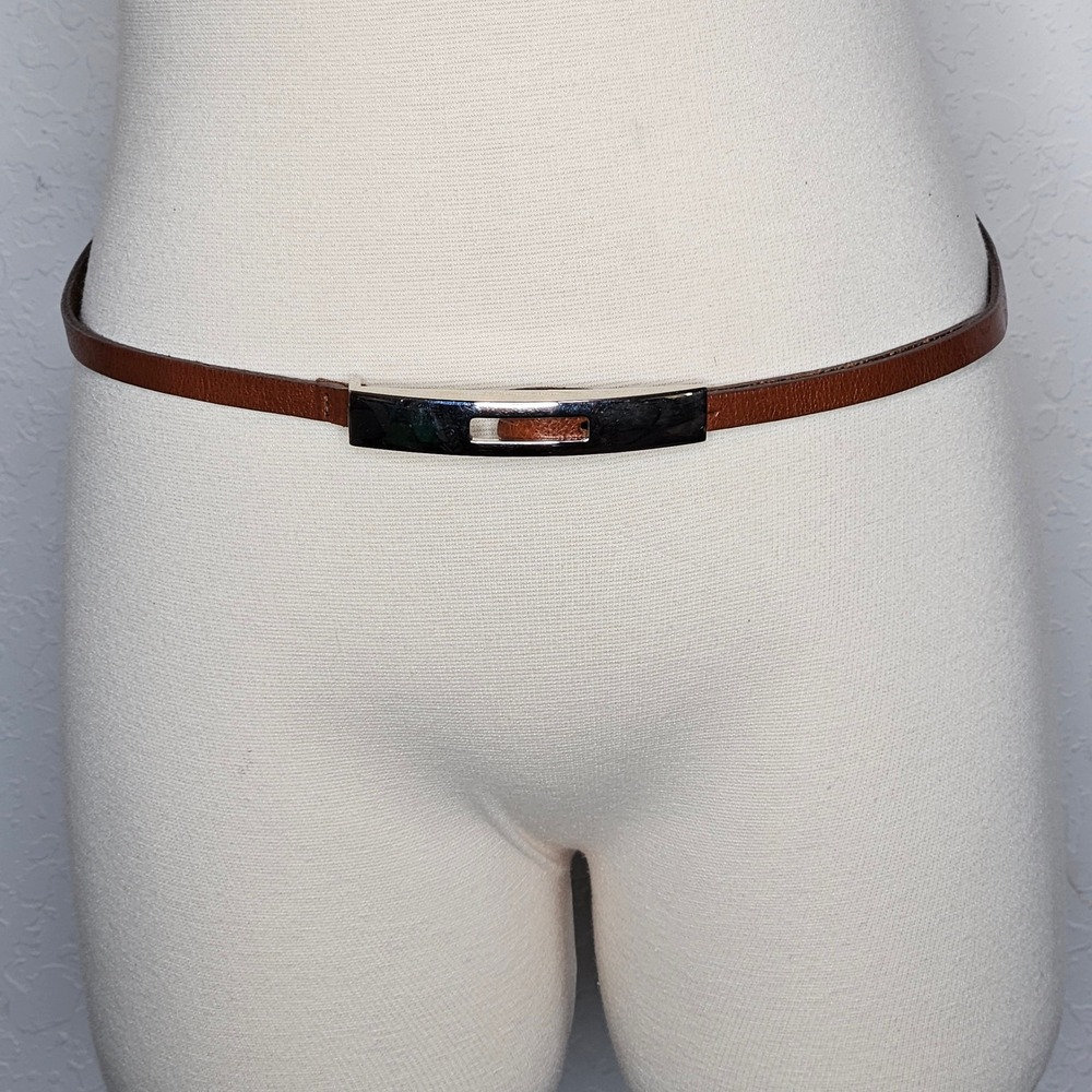 Landes Brown Italian Leather Skinny Belt Silver Bar Buckle Womens Size M Canada